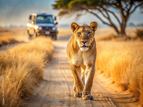 Lioness Walking Past Truck on Dirt Road - African Safari Wildlife Stock Photo photo