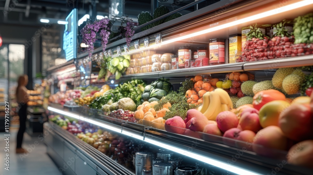 Fototapeta premium Vibrant Display of Fresh Fruits and Vegetables in a Grocery Store Creating a Colorful and Inviting Shopping Experience