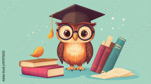 Cute cartoon owl in glasses and graduation cap set with a book, smart student kids vector collection, teacher student bird funny animal. photo