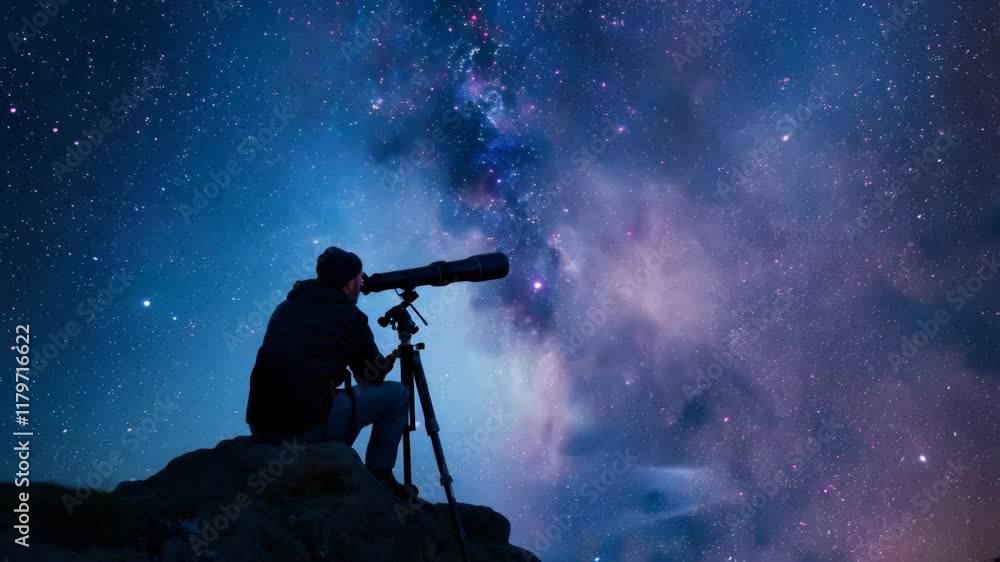 silhouette of astronomer with telescope over star sky background with copy space silhouette of astronomer with telescope over star sky background with copy space