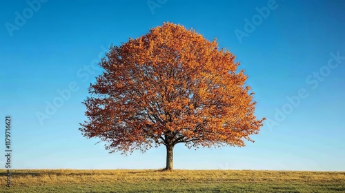 Autumn Tree in a Golden Field under a Blue Sky photo