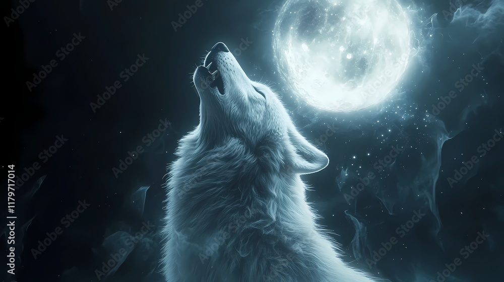 Naklejka premium Majestic white wolf howling at a luminous full moon. mystical, ethereal artwork with glowing particles. Glowstone. Illustration