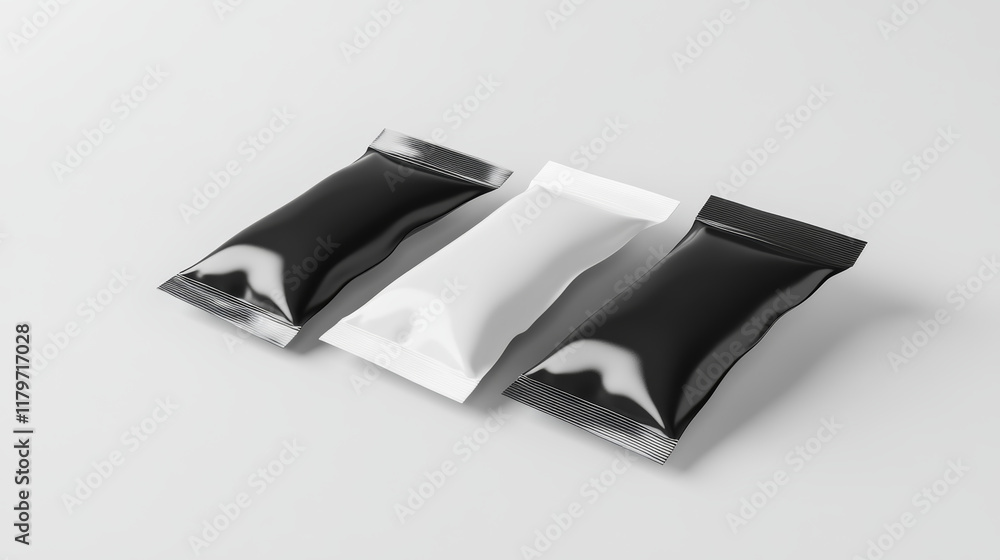 Flow package mockup. Vector realistic illustration of chocolate bar wrapper pack, in white and black color, front and back view. Ready to eat snack in blank foil wrapper for product branding. Flow package mockup. Vector realistic illustration of chocolate bar wrapper pack, in white and black color, front and back view. Ready to eat snack in blank foil wrapper for product branding.