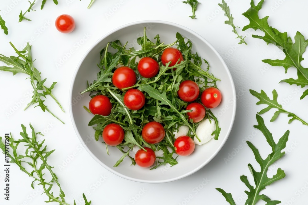 Bird s eye view of a salad with cherry tomatoes mozzarella and arugula Bird s eye view of a salad with cherry tomatoes mozzarella and arugula