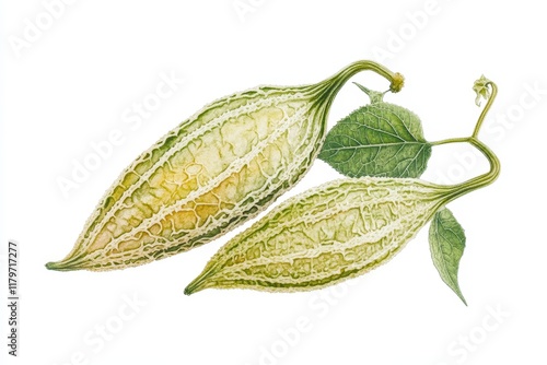 Bitter gourd alone against a white backdrop
