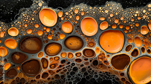 Wallpaper Mural Abstract Fluid Acrylic Pouring Art: Orange, Brown, and Black Bubbles, Organic Texture, Cosmic Background Torontodigital.ca
