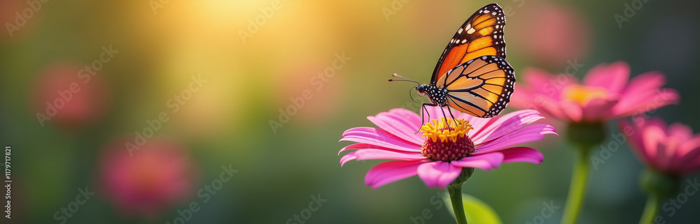 Fototapeta premium A Butterfly Perches Delicately On A Pink Flower Amidst A Vibrant Bokeh Light Effect With Shallow Depth Of Field. 00003