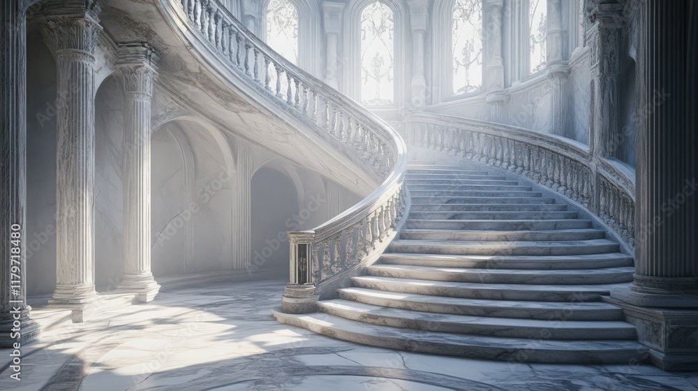 Obraz premium A majestic marble staircase bathed in ethereal light leads to the celestial heights