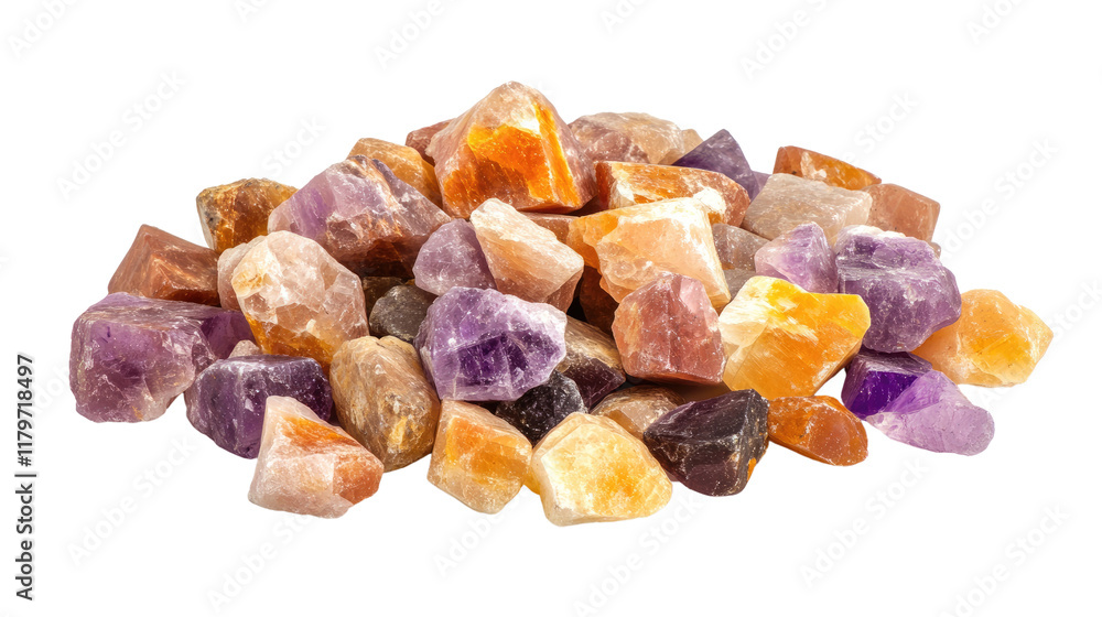 Colorful Semi-Precious Crystals and Stones Piled Together Isolated on White Background for Natural Decor or Design Colorful Semi-Precious Crystals and Stones Piled Together Isolated on White Background for Natural Decor or Design