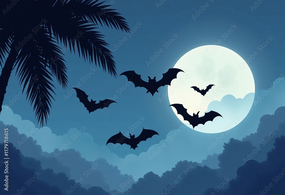 Bat silhouettes fly by full moon with palm and clouds Bat silhouettes fly by full moon with palm and clouds
