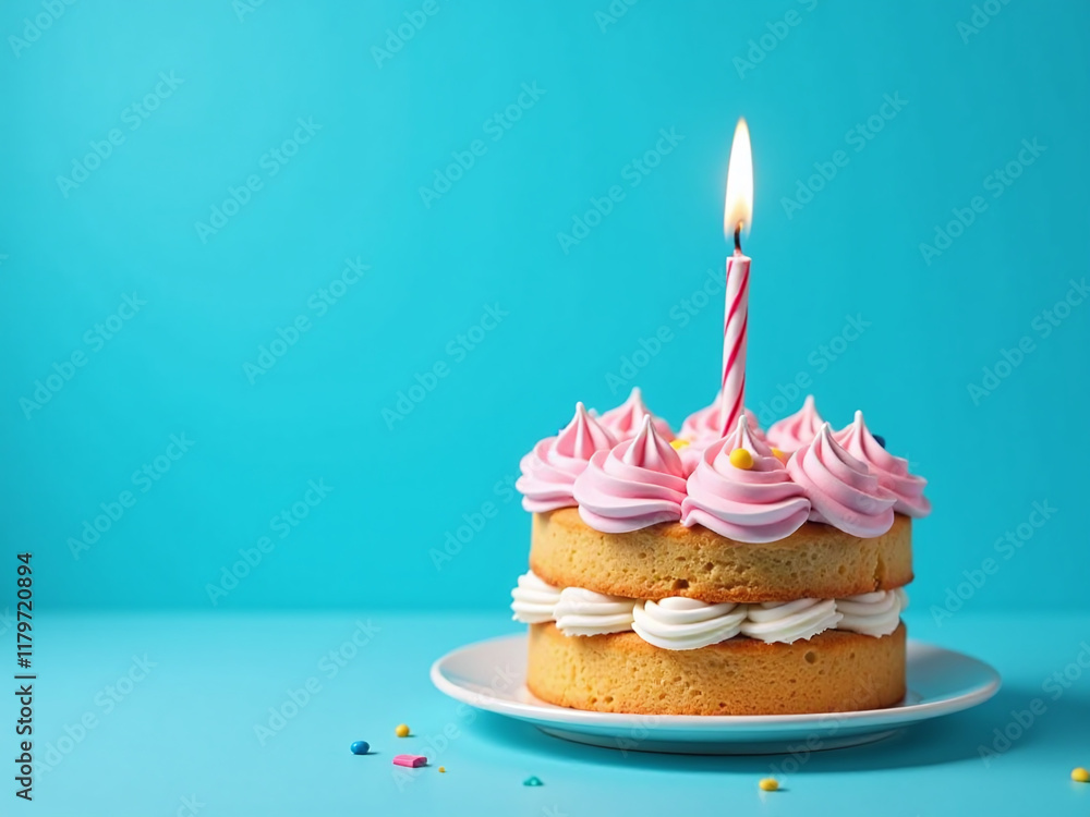 A Brightly Colored Birthday Cake With A Lit Candle Sits Against A Bright Blue Background In A Blank Space Copy Room. 00003 A Brightly Colored Birthday Cake With A Lit Candle Sits Against A Bright Blue Background In A Blank Space Copy Room. 00003
