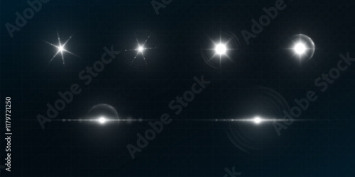 Light effect of white glowing light. Solar flare. Glow effect. Starbursts with twinkling highlights. Beautiful light effect of flickering highlights. Vector 10 EPS	
