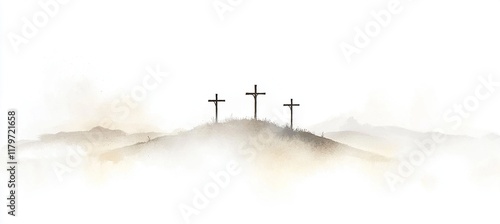 Three crosses on the hill of Calvary with a white background.