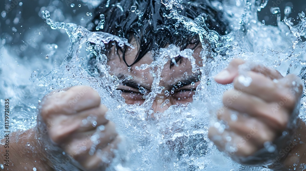 Fototapeta premium Joyful water battle, vibrant scene of people laughing and splashing water, colorful attire, summer fun, energetic atmosphere, playful interactions.