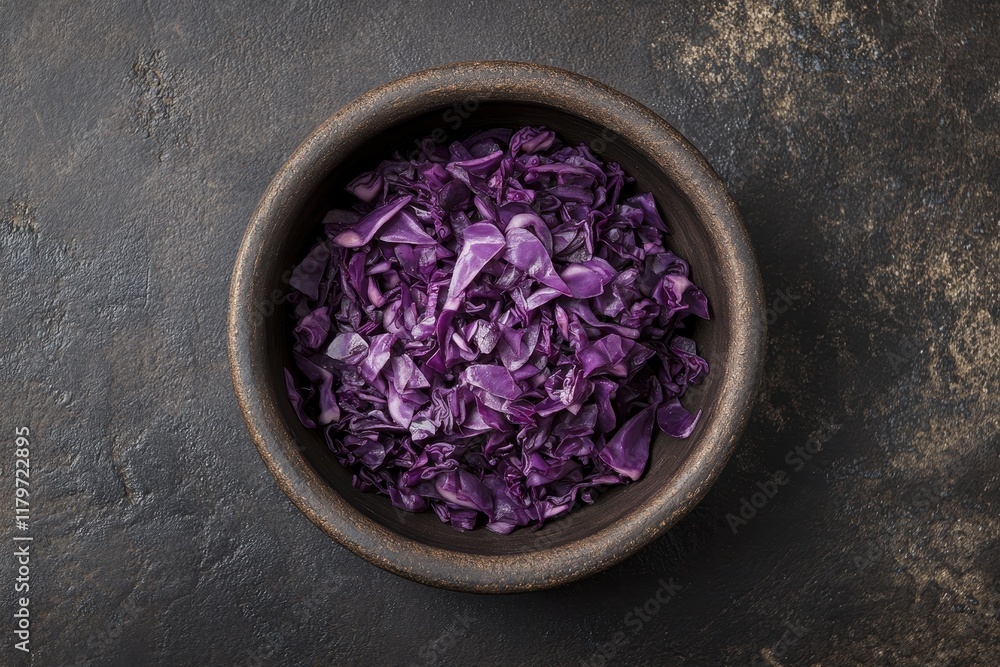 Chopped red cabbage in a clay dish against a dark backdrop Nutritious vegetarian meal Bird s eye view Chopped red cabbage in a clay dish against a dark backdrop Nutritious vegetarian meal Bird s eye view