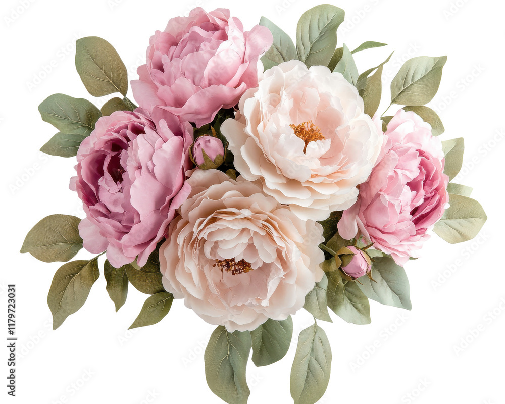 Beautiful bouquet of peonies with pink and cream petals and green leaves. Beautiful bouquet of peonies with pink and cream petals and green leaves.