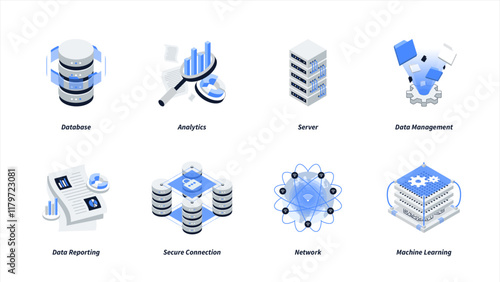 Data analytics isometric icon set. Big data analysis technology symbol. Containing Data Management, Network, Analytics, Data Reporting, Machine Learning, Server, Secure Connection and Database.