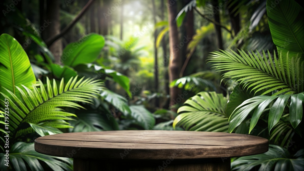 tropical trees podium resting on a rugged rock platform, surrounded by a rich green forest and soft blue sky, providing a serene setting for product presentation tropical trees podium resting on a rugged rock platform, surrounded by a rich green forest and soft blue sky, providing a serene setting for product presentation