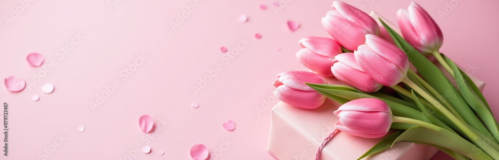 Fototapeta premium A Bouquet Of Pink Tulips Sits Atop A Present Surrounded By Soft Pastel Hues On A Delicate Pink Banner. 00001