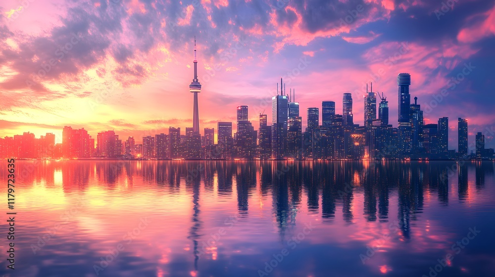 Obraz premium City Skyline Reflected in Water's Glow