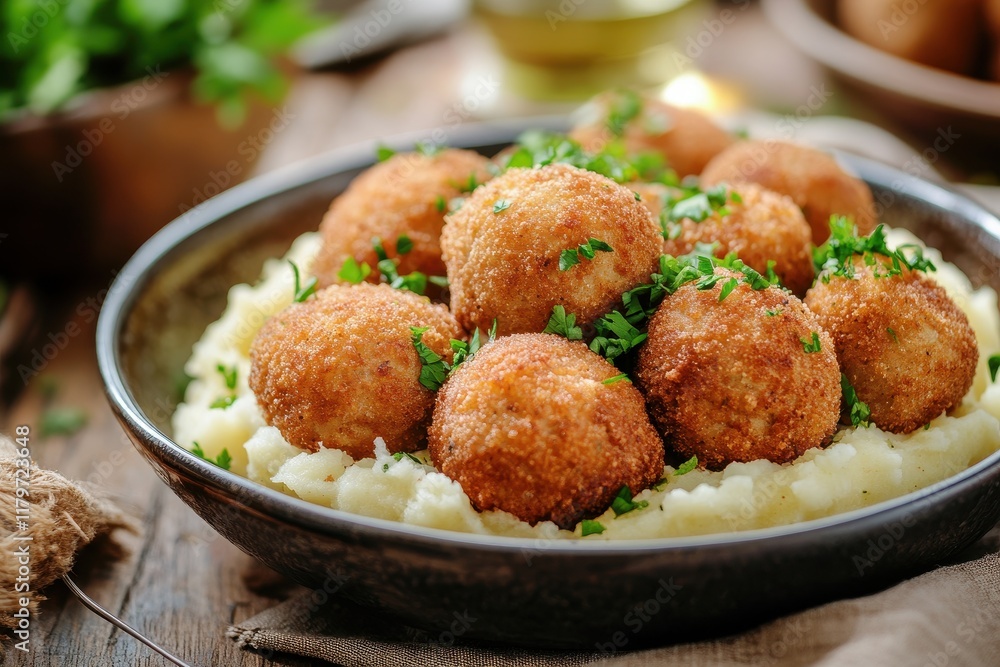 Close up of a plate with Dutch meatballs and mashed potatoes Horizontal Close up of a plate with Dutch meatballs and mashed potatoes Horizontal