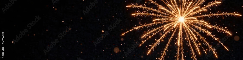 Fototapeta premium Golden firework bursts, sparkling trails against black background, graphic, radiant