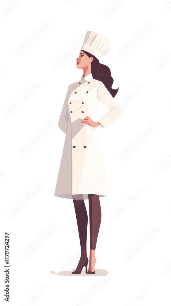 A stylish female chef stands confidently in her pristine white uniform and toque, exuding professionalism. A stylish female chef stands confidently in her pristine white uniform and toque, exuding professionalism.