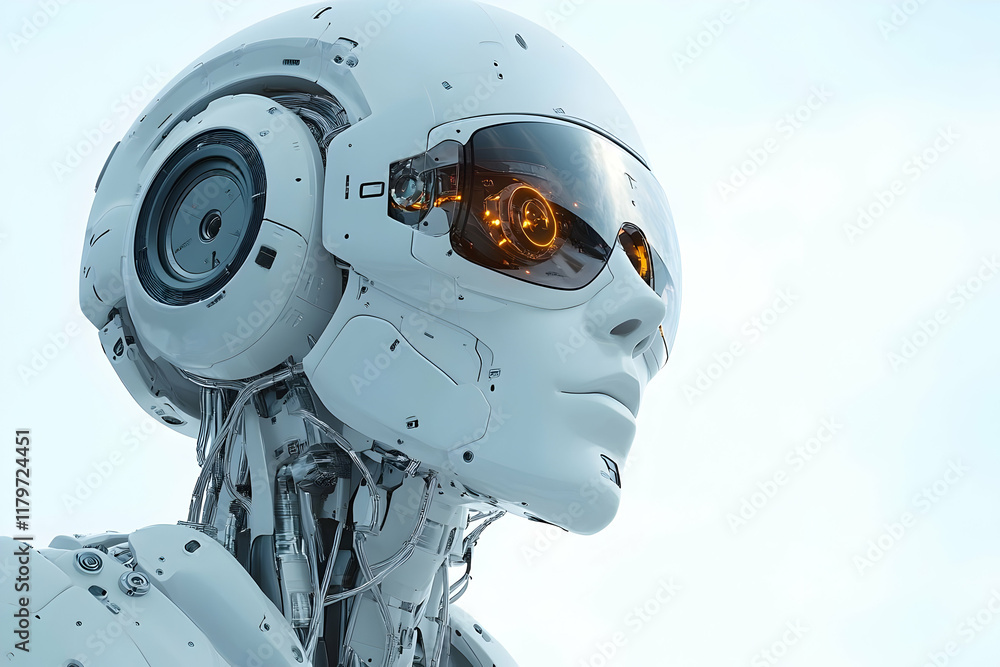 Close-up of a female humanoid robot's head, showcasing intricate details and glowing internal mechanisms. A futuristic portrayal of artificial intell Close-up of a female humanoid robot's head, showcasing intricate details and glowing internal mechanisms. A futuristic portrayal of artificial intell