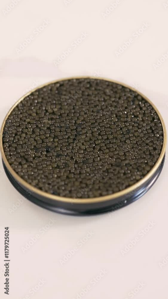 A male's hand showing Beluga Caviar in a can. Top view black beluga sturgeon caviar in a can, 4K. A male's hand showing Beluga Caviar in a can. Top view black beluga sturgeon caviar in a can, 4K.
