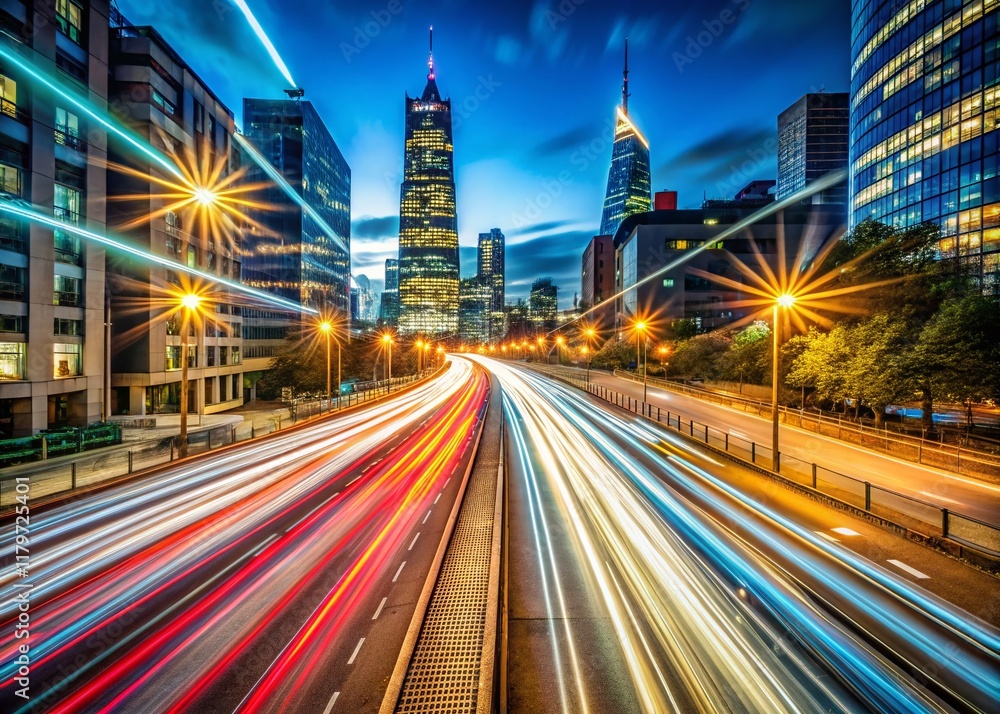 Fototapeta premium Long Exposure Light Trails of Cityscape at Night, Symbolizing Financial Security and Retirement Planning