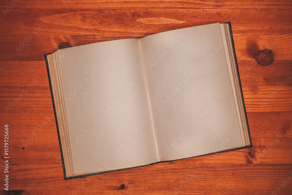 Top view of old open book with blank pages on wooden desk as copy space Top view of old open book with blank pages on wooden desk as copy space