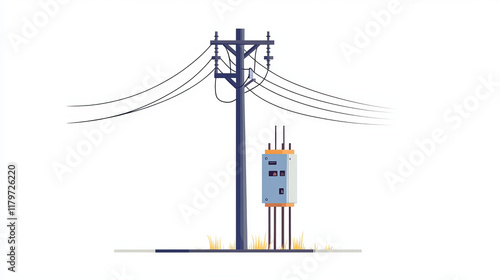 Set cement high voltage electric pole power with transformer and drop fuse on white background flat vector design.