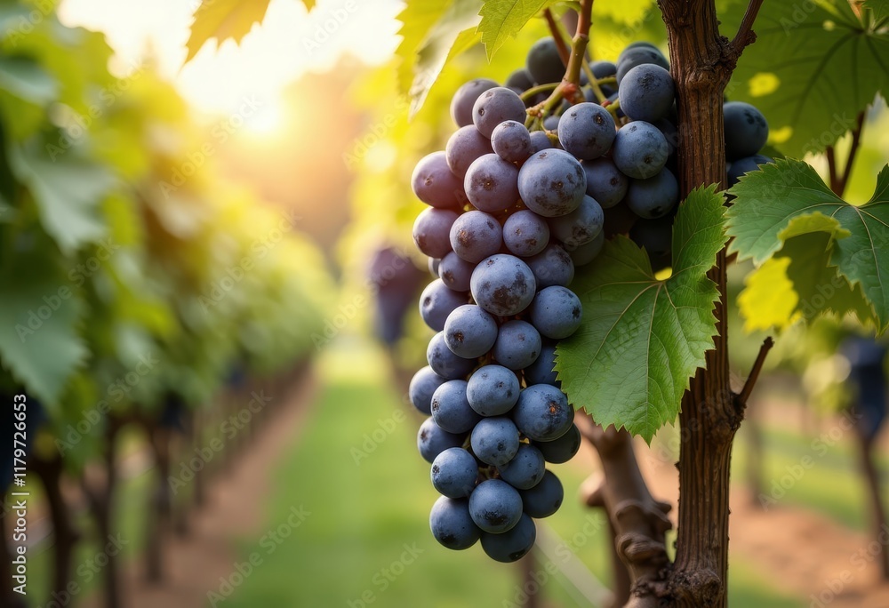 Naklejka premium Bunch of grapes hanging on vine in vineyard at sunset
