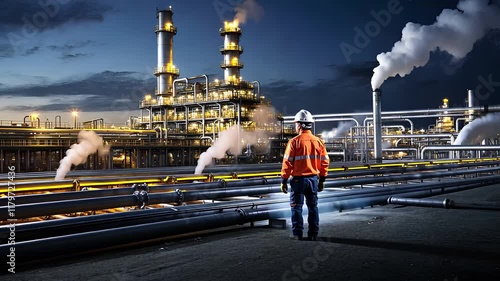 Industrial Worker in Safety Gear Inspecting an Illuminated Oil Refinery with Smoke Stacks at Night

 photo