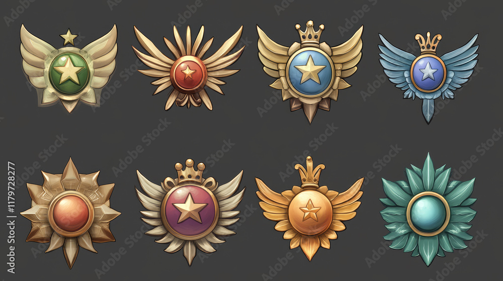 Game level icons, silver medals, stars, ui badges with wings, laurel and crown. Isolated award trophy for user experience and ranking. Bonus, reward, achievement and prize vector illustration, set Game level icons, silver medals, stars, ui badges with wings, laurel and crown. Isolated award trophy for user experience and ranking. Bonus, reward, achievement and prize vector illustration, set