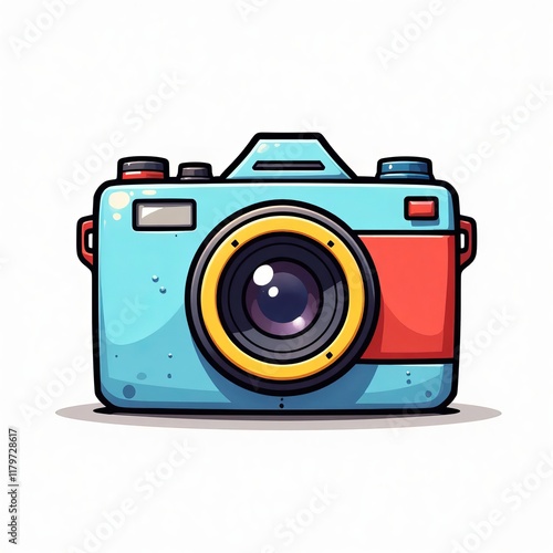 Cartoon style blue and red camera with yellow lens on a white background
