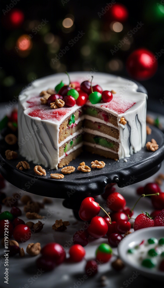 Delicious Christmas cake with icing, adorned with fresh cherries and walnuts, perfect for a festive celebration.
Delicious Christmas cake with icing, adorned with fresh cherries and walnuts, perfect for a festive celebration.