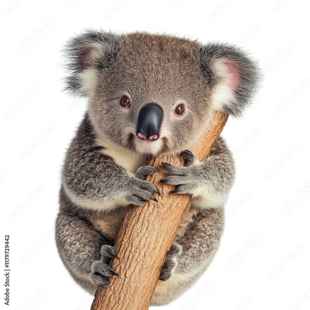 Naklejka premium Adorable koala clinging to a tree branch in a natural setting depicting wildlife and nature conservation efforts