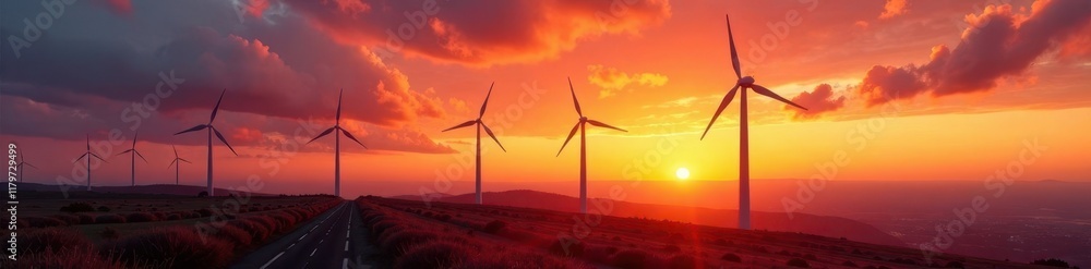 Obraz premium Giant wind turbines dominate a fiery sunset landscape, cloudscape, energy generation