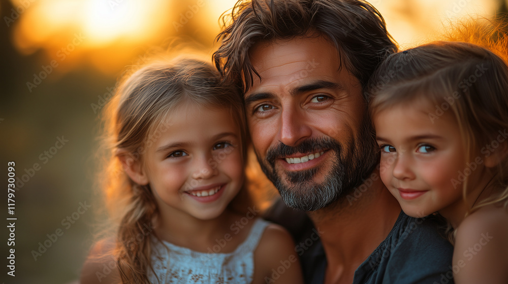 Loving Father with Daughters at Sunset for a Family Bonding Moment Loving Father with Daughters at Sunset for a Family Bonding Moment