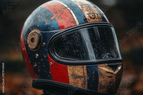 vintageinspired motorcycle protection classic fullface racing helmet with retro striped design and weathered metallic finish for authentic cafe racer style photo