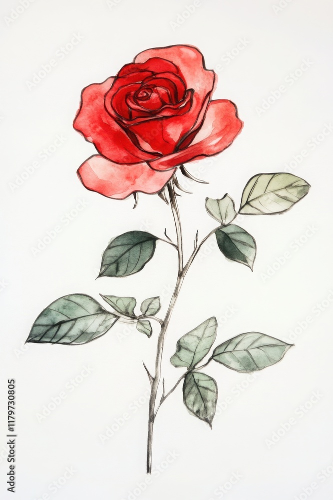 Fototapeta premium Beautiful watercolor illustration of a red rose with green leaves, showcasing delicate details and a classic, timeless botanical style