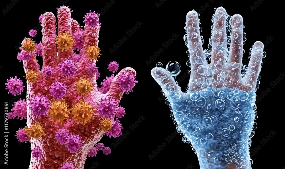 Fototapeta premium Dual perspective illustration of a hand enveloped in vibrant colors, symbolizing creativity and expression through contrasting elements.