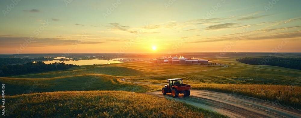 Fototapeta premium Sunset drive on dirt road rural landscape scenic nature view peaceful environment exploration concept