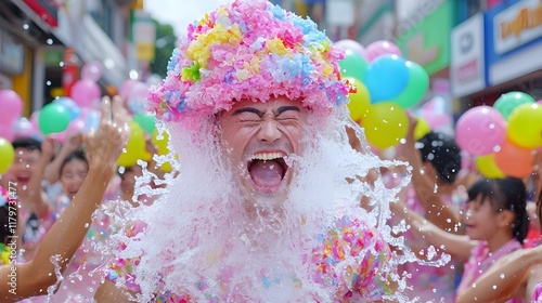 Joyful Songkran Celebration, vibrant water festivities, traditional dance performances, lively street atmosphere, cultural heritage, community engagement photo