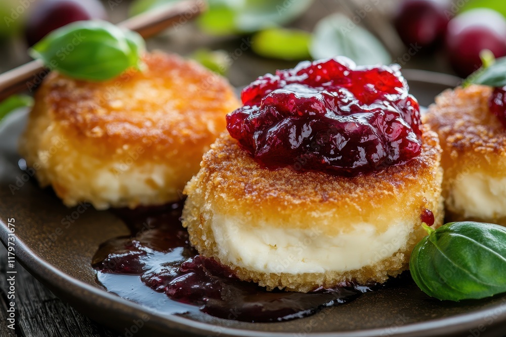Crispy cheese with cranberry sauce and basil Crispy cheese with cranberry sauce and basil