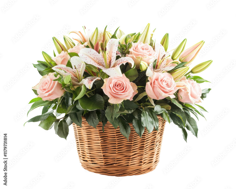 Obraz premium Beautiful flower arrangement with pink roses and lilies in a woven basket.