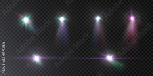 Bright set of light effects of reflection of headlights, lenses, spotlights. Abstract glow effect for web design and game interfaces. PNG effect