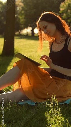 Handsome sexy female using tablet computer outdoors. Steadicam smooth shot of typing and Internet surfing using digital pad. Sunrise orange light from sun. Vertical shot. photo