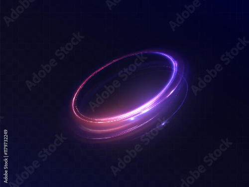 Bright purple magic oval light effect with many sparkling lines with glitter and shimmering bright light effects. Magic bright circle lines for web design and game interfaces. Vector